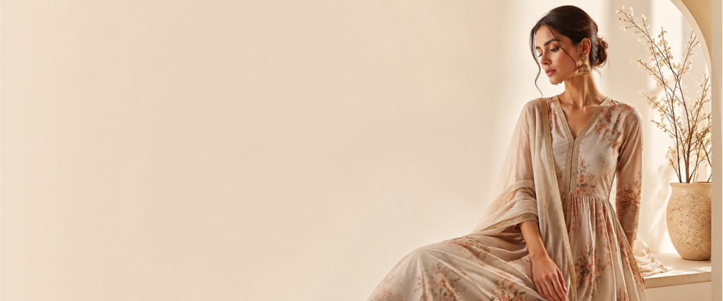 Woolen clothes for women featuring an elegant floral woolen dress in soft beige tones with a premium winter fashion look.